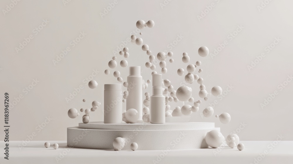 Poster minimalist display of cosmetic bottles with floating spheres effect