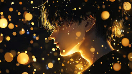 A beautiful boy's face surrounded by golden bokeh on a black background, creating a subtle effect.