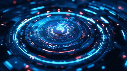 A futuristic digital interface with blue and red glowing elements in a circular design.