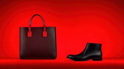 Chic black accessories on vibrant red backdrop
