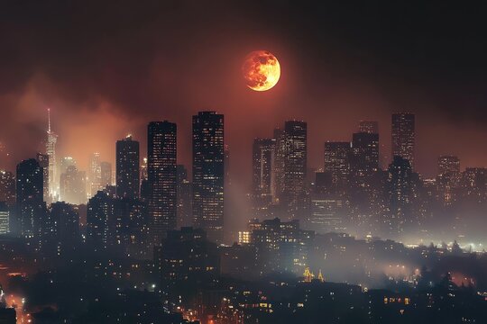 city skyline under a lunar eclipse, with skyscrapers illuminated by artificial lights and the eclipsed Moon glowing ominously in the smoky night sky - Powered by Adobe