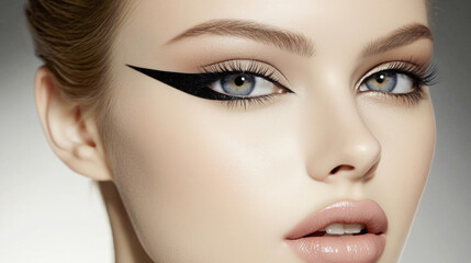 Fototapeta premium Close up of model showing dramatic eyeliner and makeup