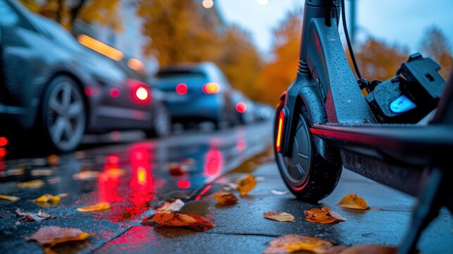 A stylish e-scooter stands on a rainy street, its vivid colors reflecting off the wet pavement, showcasing the dynamic blend of urban life and modern transportation in a vibrant cityscape.