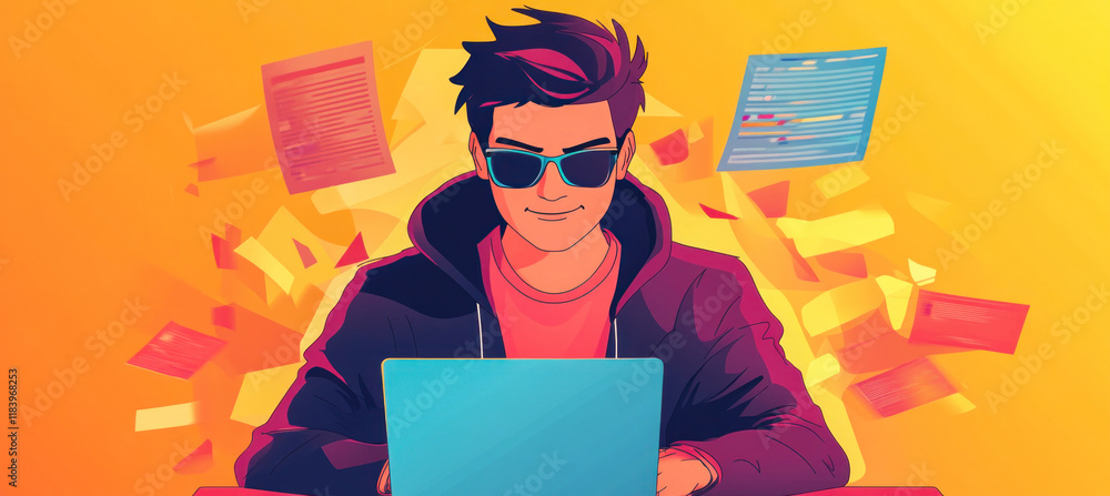 Aufkleber programmer working on laptop with flying documents around him