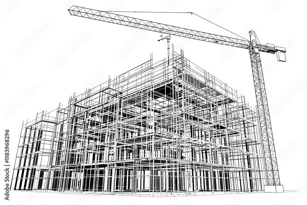 Poster illustration of a building framework with scaffolding and a crane, line art style on white backgroun
