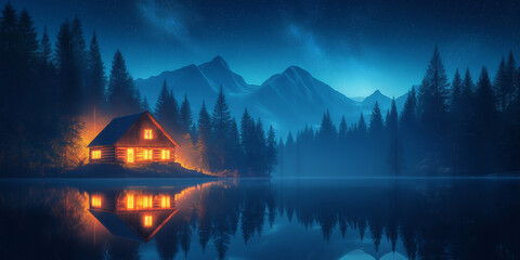 Fototapeta premium Nighttime reflection of a cozy cabin by a serene lake amidst majestic mountains captured in a tranquil landscape setting