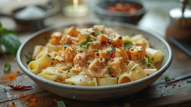 Delicious appetizing classic pasta with tomato sauce, parmesan - Powered by Adobe