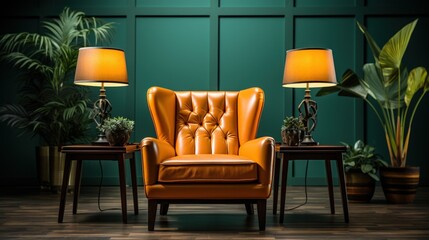 Fototapeta premium Orange leather armchair with table lamp in green interior.