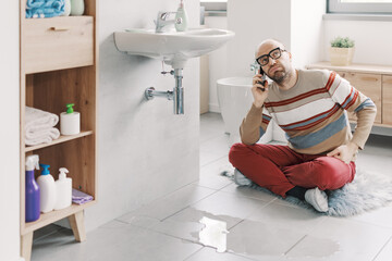 Frustrated man calling a plumber