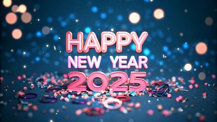 a digital greeting card for the New Year 2025. The background is dark blue with small pink and red confetti scattered around.