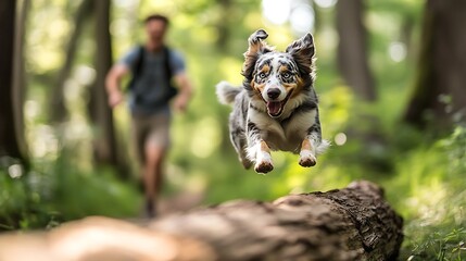 Happy dog leaping over a log, man jogging in background.