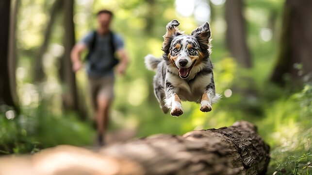 Happy dog leaping over a log, man jogging in background.
