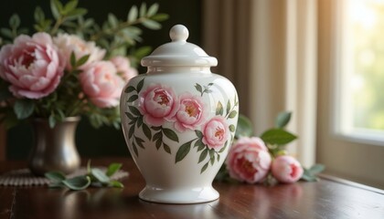 Porcelain cremation urn with floral peony design on wooden table