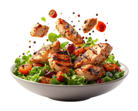 Delicious grilled chicken salad kitchen food bright background aerial view healthy eating concept isolated on transparent background png