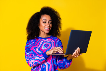 Photo portrait of lovely young lady hold netbook dressed stylish colorful blue garment isolated on...