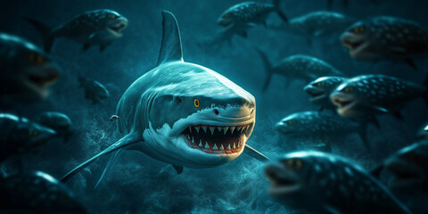 Fototapeta premium Predatory shark hunting in the deep ocean underwater scene dramatic environment close-up view marine life dynamics