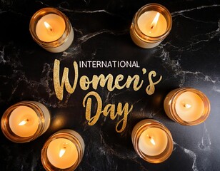 Candles glow softly around vibrant golden lettering honoring women's achievements and rights.