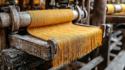Antique Wooden Loom Weaving Golden Textile Thread