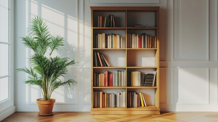 Fototapeta premium Sunlit bookshelf with books and plant.