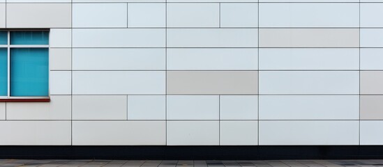 Facade of a modern office building with a large window. Wide photo. Minimalist Urban Wall with Blue Window