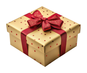 Golden gift box with red ribbon on high-fidelity celebratory concept for holiday gifting isolated on transparent background png
