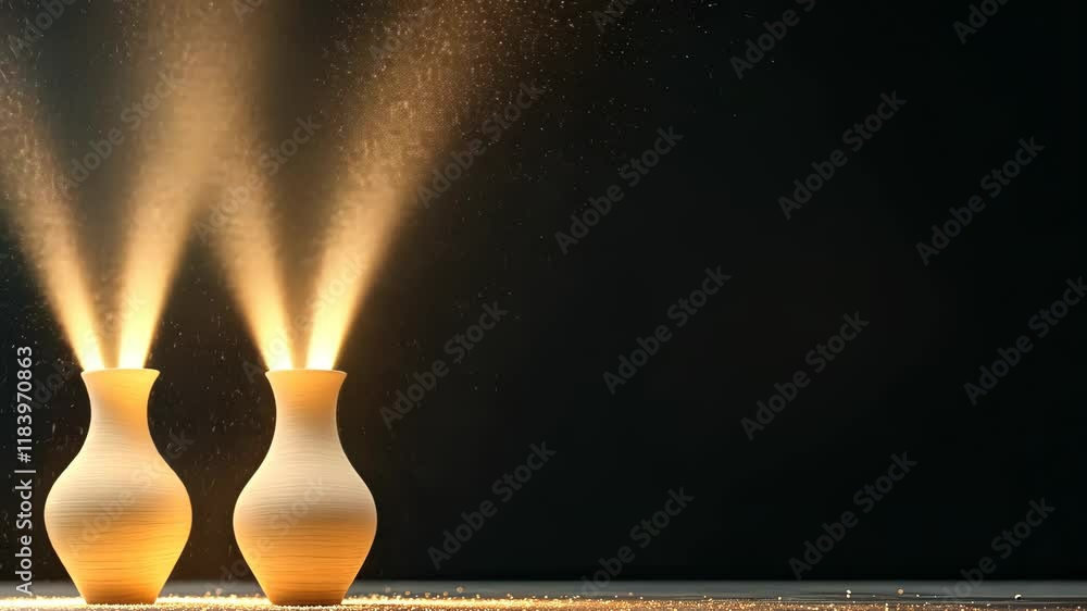 Poster two elegantly shaped vases create a stunning visual by releasing light and particle effects against 