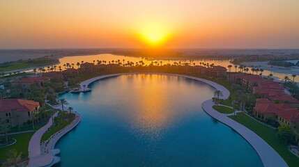 Obraz premium Sunset Aerial Resort Lagoon, Desert Oasis