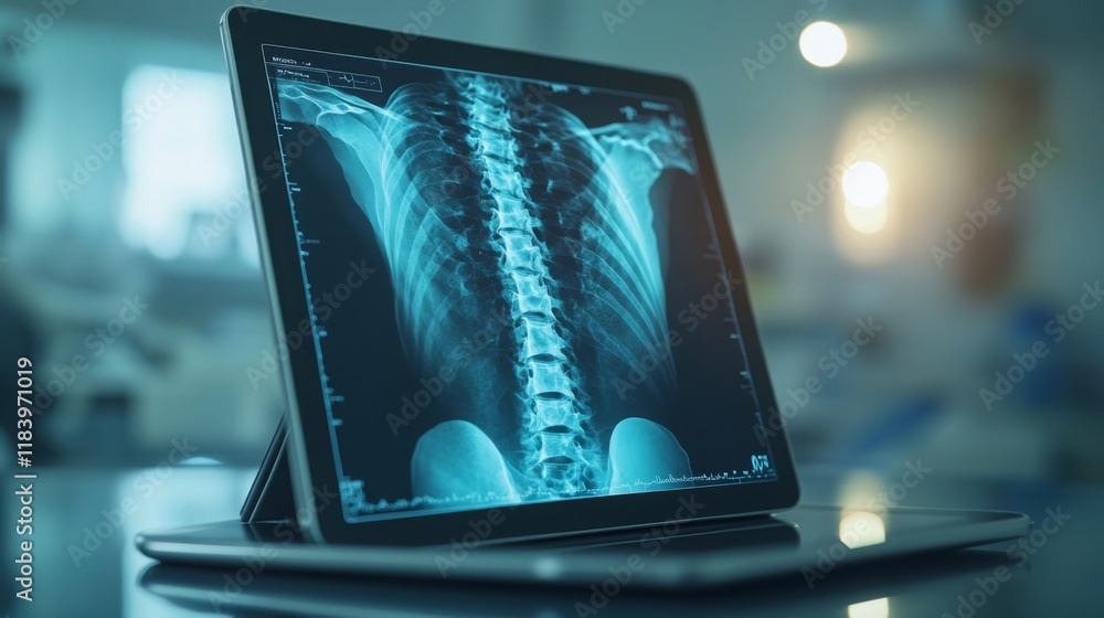 Aufkleber a digital screen displays a detailed x-ray image of the human spine. this technology enhances medica