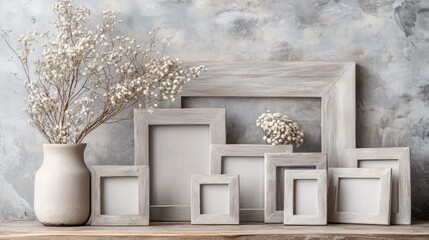 Rustic grey wooden frames & dried flowers on textured wall.