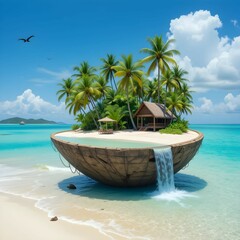 Fototapeta na wymiar Surreal Tropical Island in a Coconut Shell with Turquoise Waters, Cascading Waterfall, Palm Trees, and Cozy Wooden Hut – Fantasy Nature Art