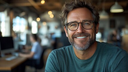 Fototapeta premium Smiling man office portrait, coworkers blurred background