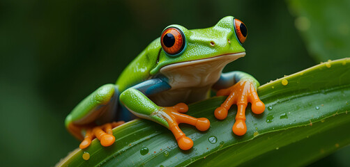 Frog
"A vibrant tree frog clings to a glossy green leaf, its bright orange toes and shimmering green skin glowing in the dappled light. Its large, inquisitive eyes are brought to life.