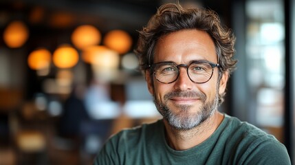 Smiling man cafe portrait, blurred background, website