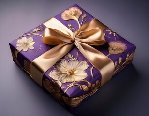 A beautifully wrapped purple gift with golden floral designs, symbolizing empowerment for women.