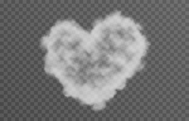 Vector fluffy heart cloud png. Realistic cloud, smoke or fog on an isolated transparent background.