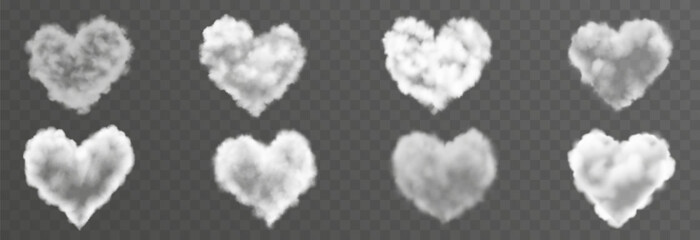 Set of vector fluffy heart cloud png. Realistic clouds, smoke or fog on an isolated transparent background.