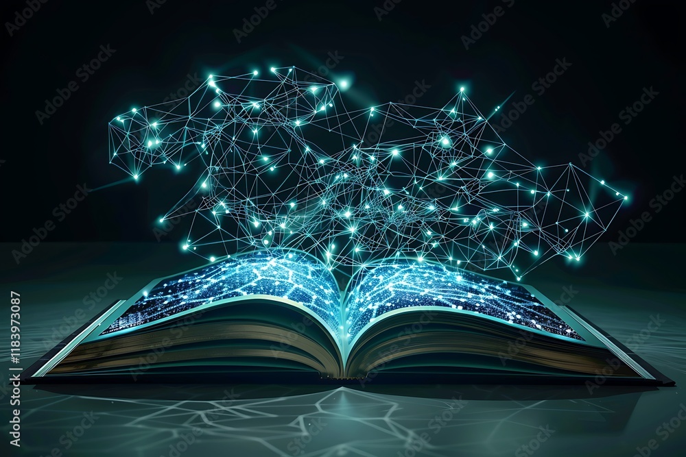Poster an open book glows with interconnected nodes, symbolizing digital knowledge, global information netw