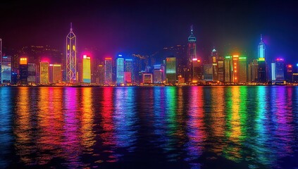 Obraz premium Vibrant Cityscape: Illuminated Skyscrapers Reflecting in Water at Night