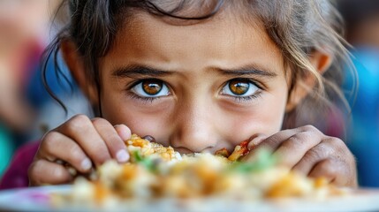 A girl with intense eyes is ready to devour a delicious meal, her expression capturing the essence of hunger and excitement, showcasing a moment of culinary joy and anticipation.