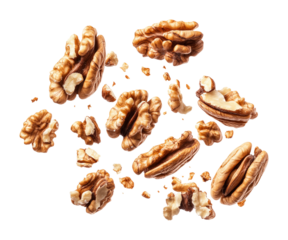 Falling walnuts on high fidelity png food studio environment close-up view isolated on transparent background png