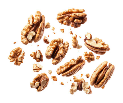 Falling walnuts on high fidelity png food studio environment close-up view isolated on transparent background png