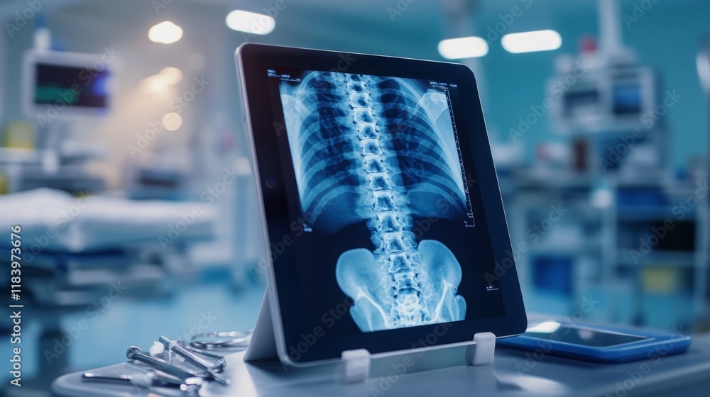 Poster a clear x-ray image of the spine and pelvis is shown on a tablet, placed on a table in a well-equipp