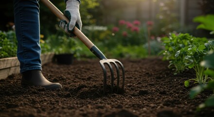 Caucasian adult preparing garden soil with fork in sunlit vegetable garden