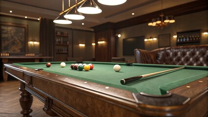 pool table with cue and ball