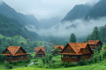 Obraz premium Rustic Mountain Cabins in Misty Valley Landscape for Tranquil Retreat