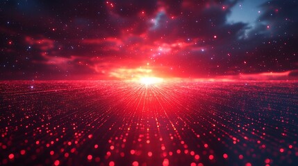 Obraz premium Red sunset, particle horizon, digital sky, cosmic scene, background