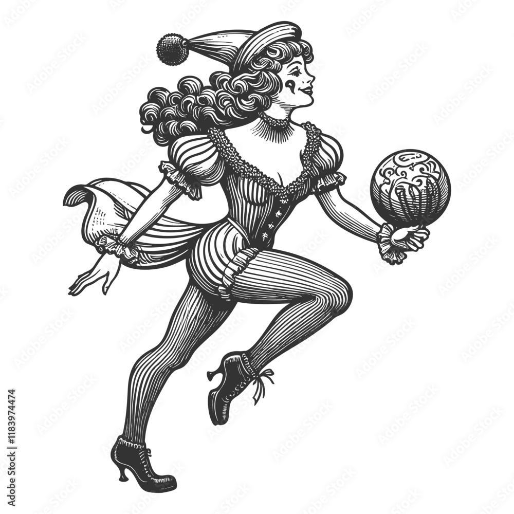 Poster circus performer in whimsical costume, running with a decorative ball and smiling sketch engraving g