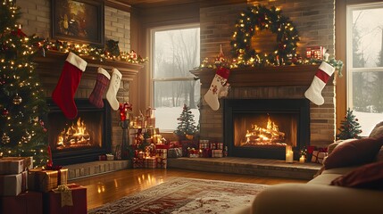 Fototapeta premium A warm, inviting living room decorated for Christmas with a crackling fireplace, soft lighting, and cheerful holiday decorations. A family is gathered around, sharing smiles and laughter, surrounded 