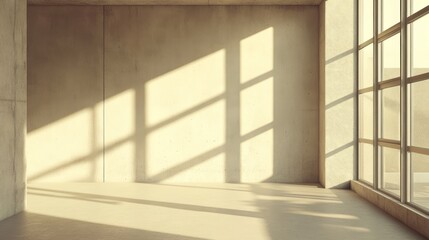 Sunlight streams through large window into minimalist concrete room.