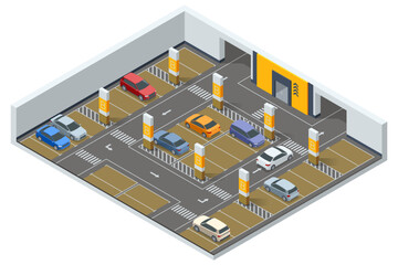 Obraz premium Isometric vector illustration of an underground parking lot featuring bright yellow and brown color-coded areas, directional arrows, and organized car slots for efficient design